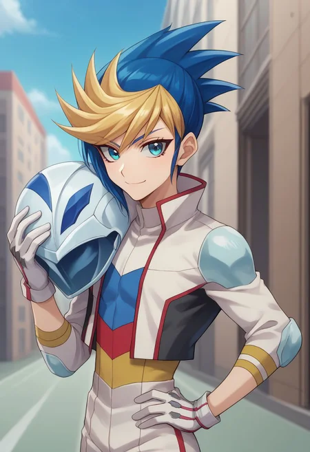 score_9, score_8_up, score_7_up, source_anime, highly detailed,
yugo, 1boy, male focus, solo, blue hair, multicolored hair, gloves, hand on hip, blonde hair, helmet, helmet removed, blue eyes, smile, dyed bangs, holding helmet, spiked hair,
upper body
outdoor, street,