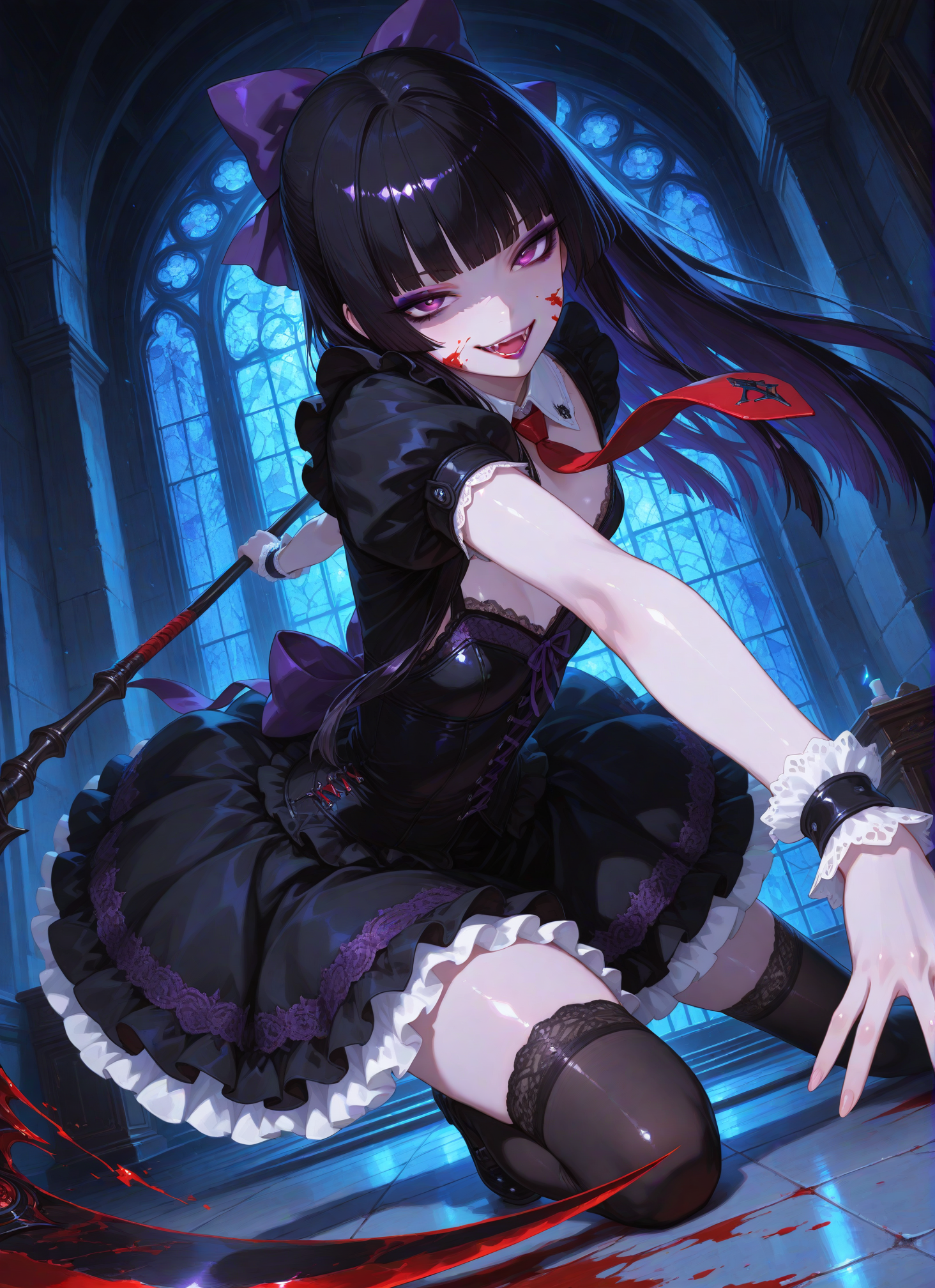 masterpiece, best quality, amazing quality, 1girl, solo, black hair, purple eyes, hime cut, long hair, lipstick,
black dress, puffy short sleeves, hair bow, puffy skirt, frilled skirt, red tie, wrist cuffs, black thighhighs, lacy clothes, dark purple eyeshadow, purple irises, snarling,
holding giant scythe, seductive smile, swinging weapon, open mouth, looking at viewer, blood on face, incoming attack, from below, action pose,
night, dark, dutch angle,
(small Breasts:1.2), cowboy shot,, , shiny, shiny skin, shiny hair, soft body <BREAK> , masterpiece, amazing quality, best quality, ultra-detailed, 8K, illustration, CG, clear skin, ultra-detailed-eyes, soft skin, shiny skin, shiny hair, very awa, very as2, anime coloring, <lora:Rory_Mercury_Gate_IL_V1:1>  <lora:infernal_n3cr0p0l1s:1> indoor, altar <lora:horny_XL_V1.0:1> horny <lora:NEGATIVE_HANDS:1>  <lora:bowing_down_pony:1.5> (bowing down on the floor)