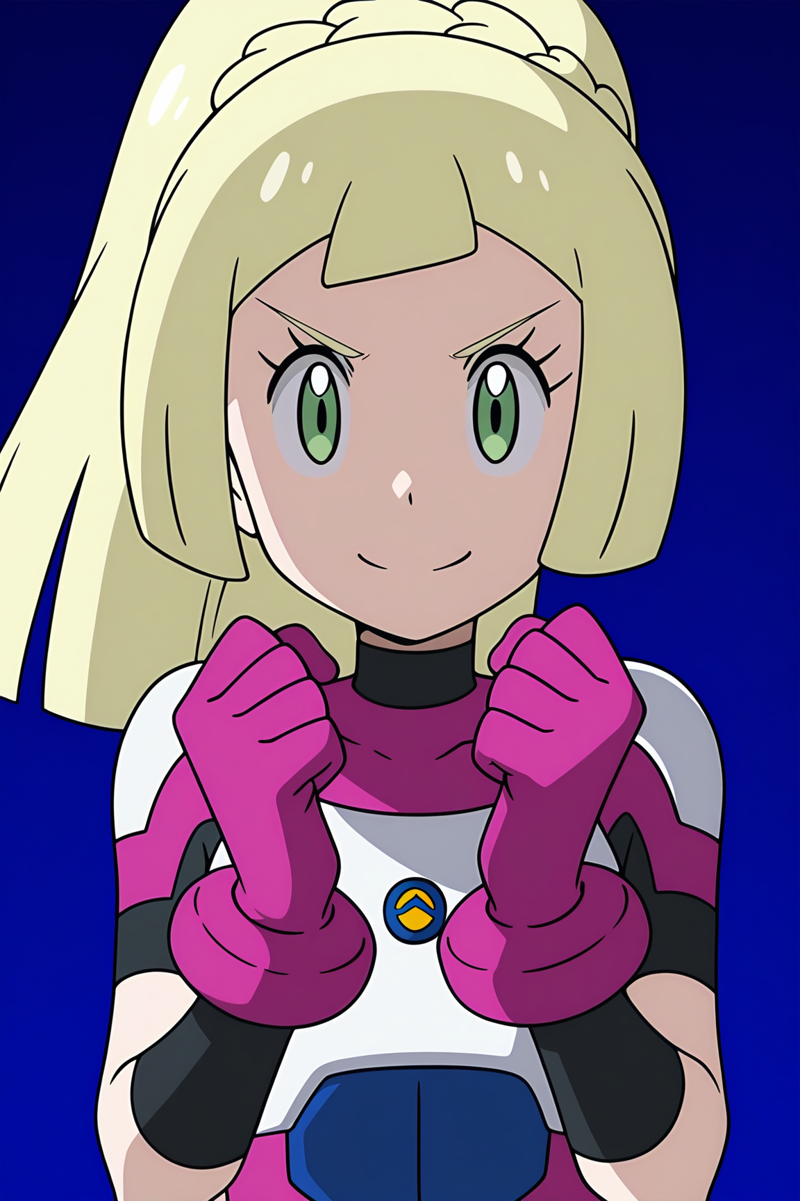 anime, anime screencap, lillieul, 1girl, solo, long hair, looking at viewer, smile, blonde hair, gloves, closed mouth, green eyes, upper body, braid, ponytail, hands up, v-shaped eyebrows, eyelashes, clenched hands, split mouth, pink gloves, w arms, cosplay, bodysuit, lillie \(pokemon\), pokemon
 <lora:Lillie_Ultraguardian-09:1>