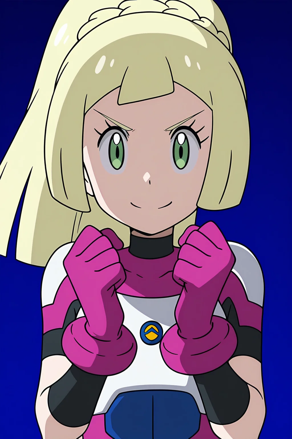 anime, anime screencap, lillieul, 1girl, solo, long hair, looking at viewer, smile, blonde hair, gloves, closed mouth, green eyes, upper body, braid, ponytail, hands up, v-shaped eyebrows, eyelashes, clenched hands, split mouth, pink gloves, w arms, cosplay, bodysuit, lillie \(pokemon\), pokemon
<lora:Lillie_Ultraguardian-09:1>