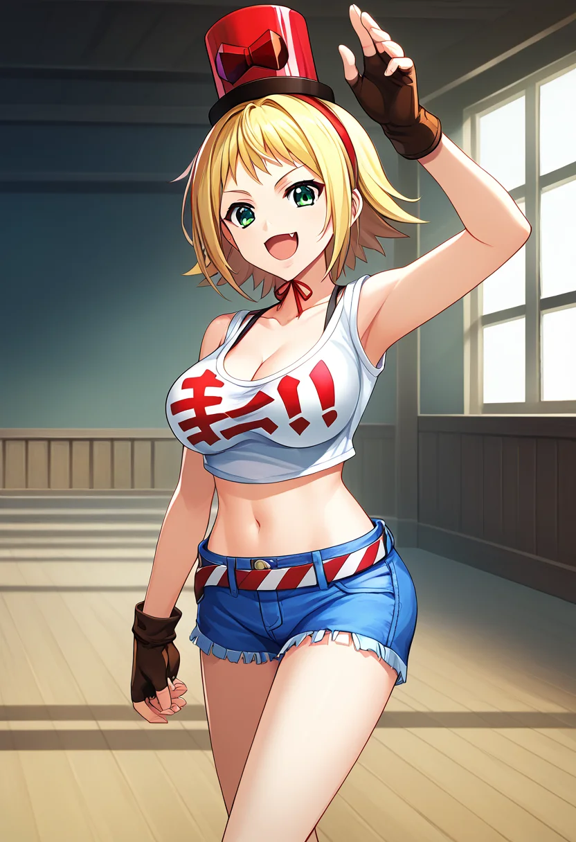 score_9, score_8_up, score_7_up, BREAK source_anime, best quality, masterpiece,very aesthetic, zPDXL2,official art,detailed_eyes,1girl, solo,
patoranran, blonde hair, short hair, green eyes, large breasts, fang
top hat, object on head, hairband, breasts, cleavage, shorts, fingerless gloves, navel, gloves, midriff, short shorts, crop top, denim, shoes, denim shorts, sneakers, tank top, belt,
<lora:patoranran_pony_v1:1>
( standing:1.3),(dynamic pose),
smile, open mouth,
looking at viewer,(cowboy shot,:1.5 ),
indoors, (mahjong)