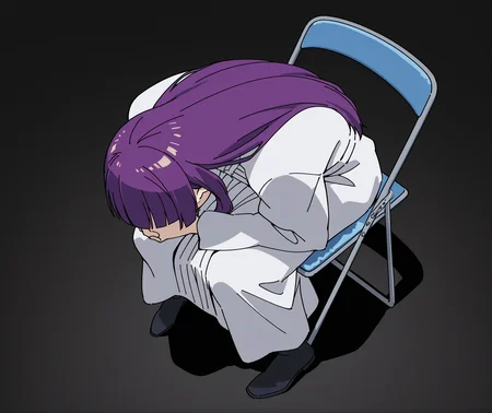 highres, hi res, best quality, masterpiece, 2d, intricate details, 4k, anime coloring, uncensored, shaded, shadow, countershading,
1girl, solo, female, bangs, blunt bangs, long hair, purple hair, fern \(sousou no frieren\),
sitting, full body, from above, chair, parody, meme, own hands clasped, head down, folding chair,
depth of field, black background, <lora:Shinji_in_a_Chair_meme_ILXL:1>, shinji in a chair \(meme\),