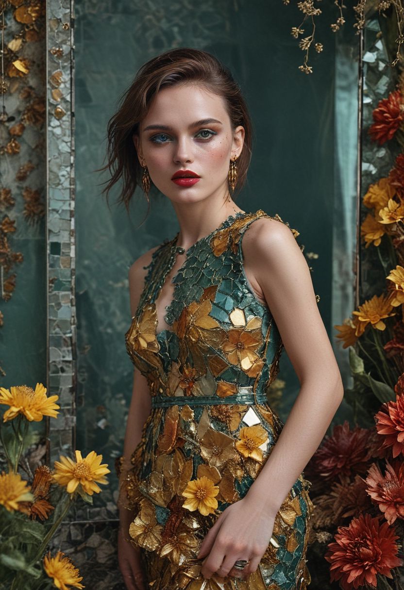 Prada Cover 
High definition, against the background of dried flowers, Spanish model of the 90s, 
A crooked pose, a mirror mosaic. a cocktail green and yellow dress made of large fragments of a mirror, a glass bead, earrings, a seductive, bright image.Smoky smokey eyes.
instagrammed red lips, elegant narrow straight nose, languid look, expressive cheekbones, aesthetically pleasing, beautiful, high fashion, fashion, couture, realistic, professional photo, 128k, high detail, ISO 200