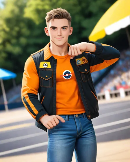 masterpiece, best quality, amazing quality, 1boy, solo, masterpiece, best quality, cowboy shot, ((handsome man:1.2, light skin)), black and white jacket, orange shirt, jeans, lose shirt, looking at viewer, dynamic action, expressive cute face, cute pose, male focus, 1boy, solo, cowboy shot, from side, depth of field, masterpiece, best quality, amazing quality, very aesthetic, absurdres, newest, very awa, shadow, dynamic angle volumetric lighting, <lora:Bree_Style-000019:0.6>, breeze style, muscular man, pectorals, pokemon \(creature\)