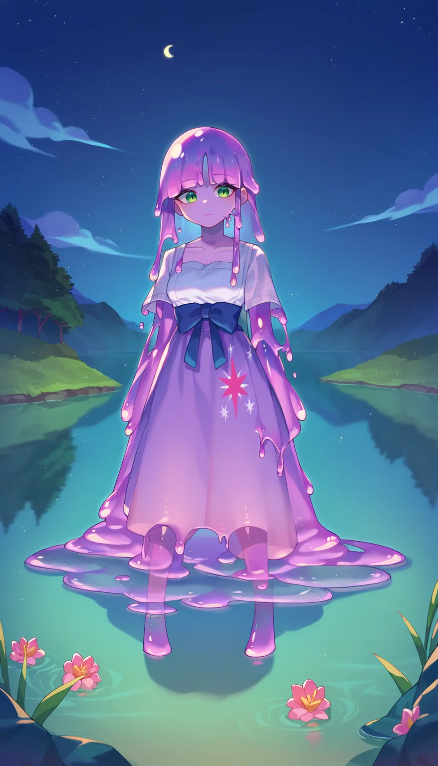 slime_girl, green eyes, lake, twilight, night sky, moonlight <lora:slime_girl_pony:1> score_9, score_8_up, score_7_up, score_6_up, score_5_up, score_4_up, source anime, transparent,
