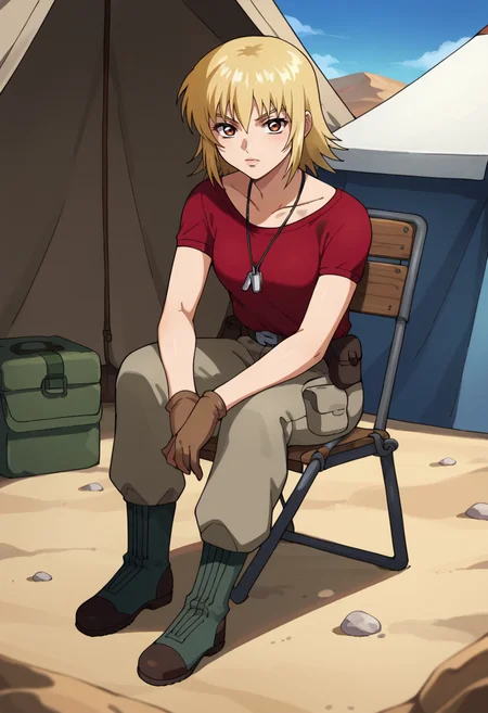 score_9,score_8_up,score_7_up,score_6_up,score_5_up,score_4_up,anime coloring,source_anime,<lora:Cagalli_Yula_Athha_Gundam_SEED_Pony:0.8>,cagalli,1girl,solo,brown eyes,medium hair,blonde hair,dogtag,red shirt,short sleeves,brown gloves,belt pouch,khaki pants,cargo pants,green boots,outdoors,desert,looking_at_viewer,full body,tent,camp,chair,sitting,