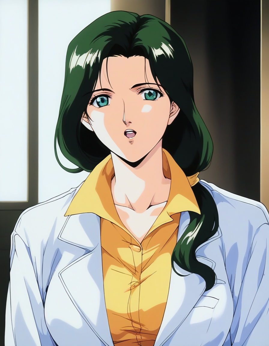 score_9, score_8_up, score_7_up, source_anime, rating_explicit, BREAK <lora:Sakurai_Sensei_XL:1>Sakurai_Sensei, dark green hair, long hair, green eyes,  large breasts, 
ponytail, lips,1990s (style), anime coloring, 
 1girl, solo,  open mouth, looking at viewer, window, labcoat, shirt, collarbone, upper body, indoors, blue eyes, hair over shoulder, parody, parted lips, portrait, Yellow long sleeve,
 collared shirt, 
Japanese room.