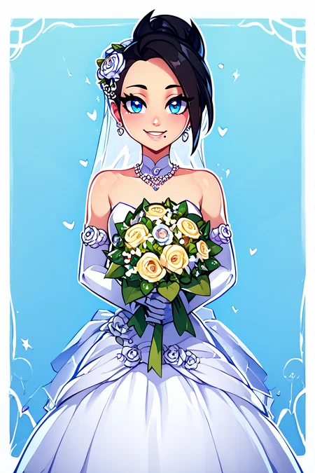 score_9, score_8_up, score_8, medium breasts, (curvy), cute, eyelashes, BREAK, , zzMai, black hair, blue eyes, mole, mole under mouth, short hair, eyelashes,<lora:MaiPokemon_PDXL:0.7>, , BREAK, smile, looking at viewer, bride, wedding dress, bridal veil, strapless dress, elbow gloves, holding bouquet, hearts, white outline, cowboy shot, embedding:zPDXL, Expressiveh, <lora:CatalystStylePDXL:0.5>, <lora:LFashionPDXL:1>, <lora:Uncensored_PonyXL_cpt_v02.09:0.4>, <lora:Expressive_H-000001:0.4>,
