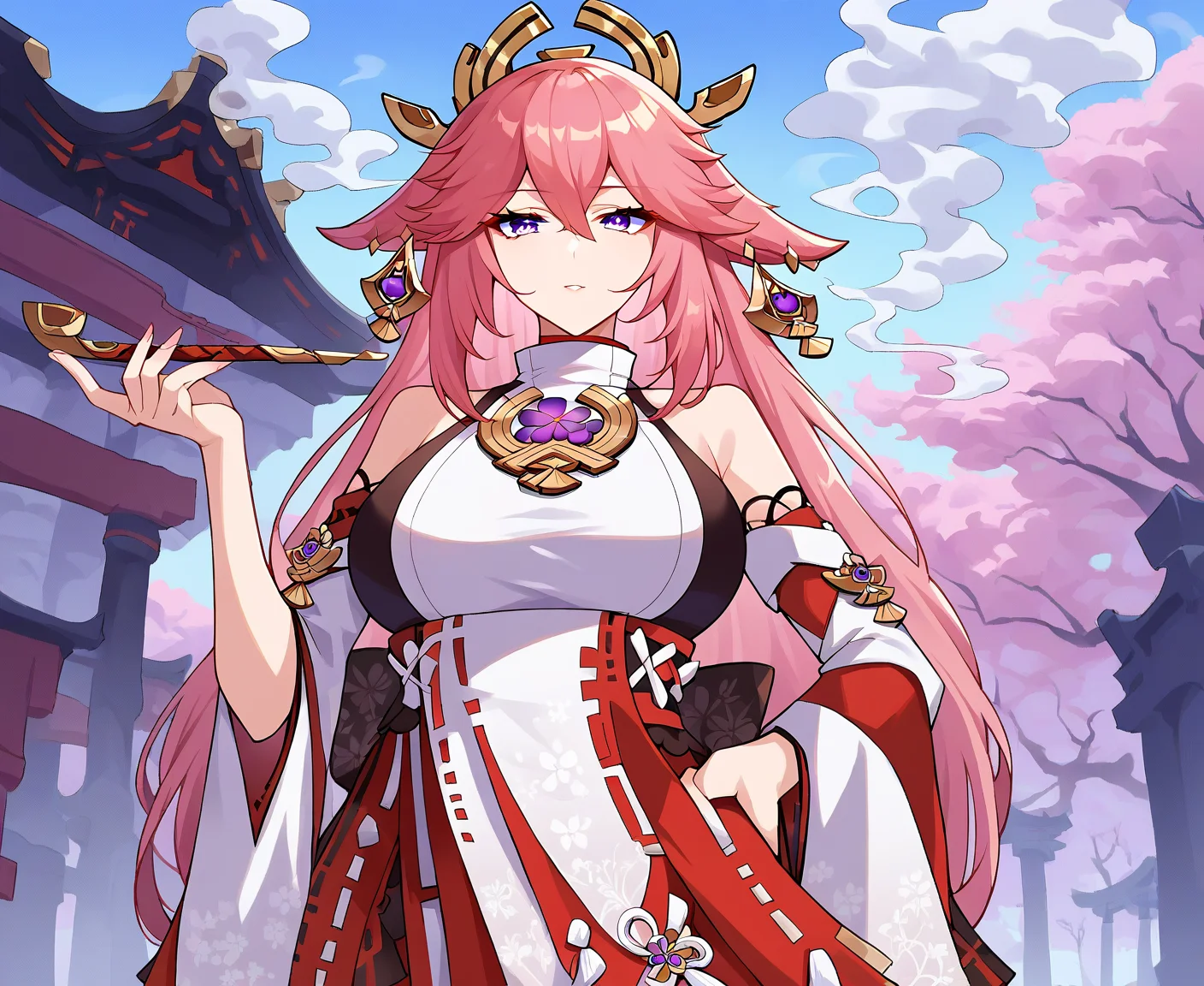(holding kiseru pose:1.23),(kiseru-smoke:1.1),rating_safe,score_7_up,score_8_up,yae miko,genshin impact,<lora:kiseru_v8:1.0>,blowing smoke,hand on hip,large breasts,_safe_,1girl,temple,trees