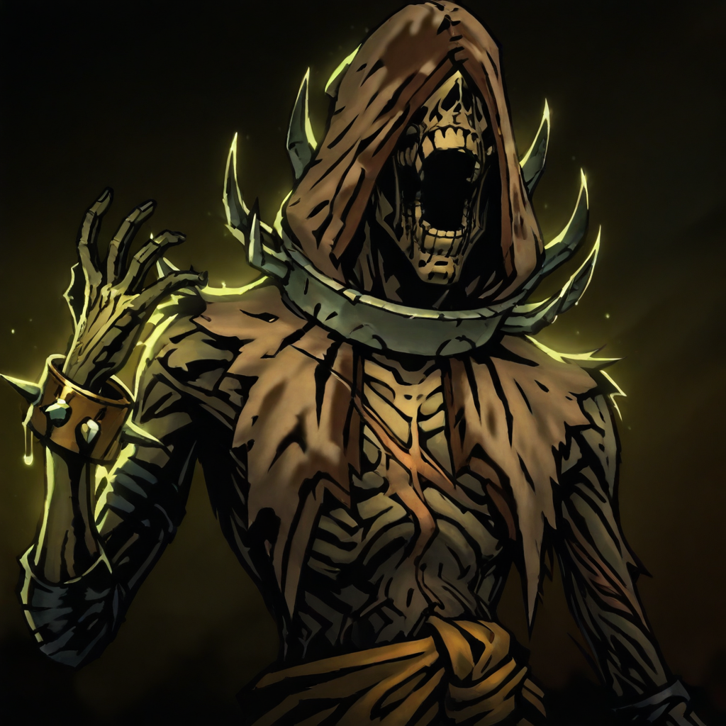 masterpiece, best quality, newest, absurdres, highres, anime, anime style, 1boy, DDFLA-V1.1, collar, spiked collar, hood, scar, sash, spikes, undead, zombie, hood, hood up, teeth, bracelet,
