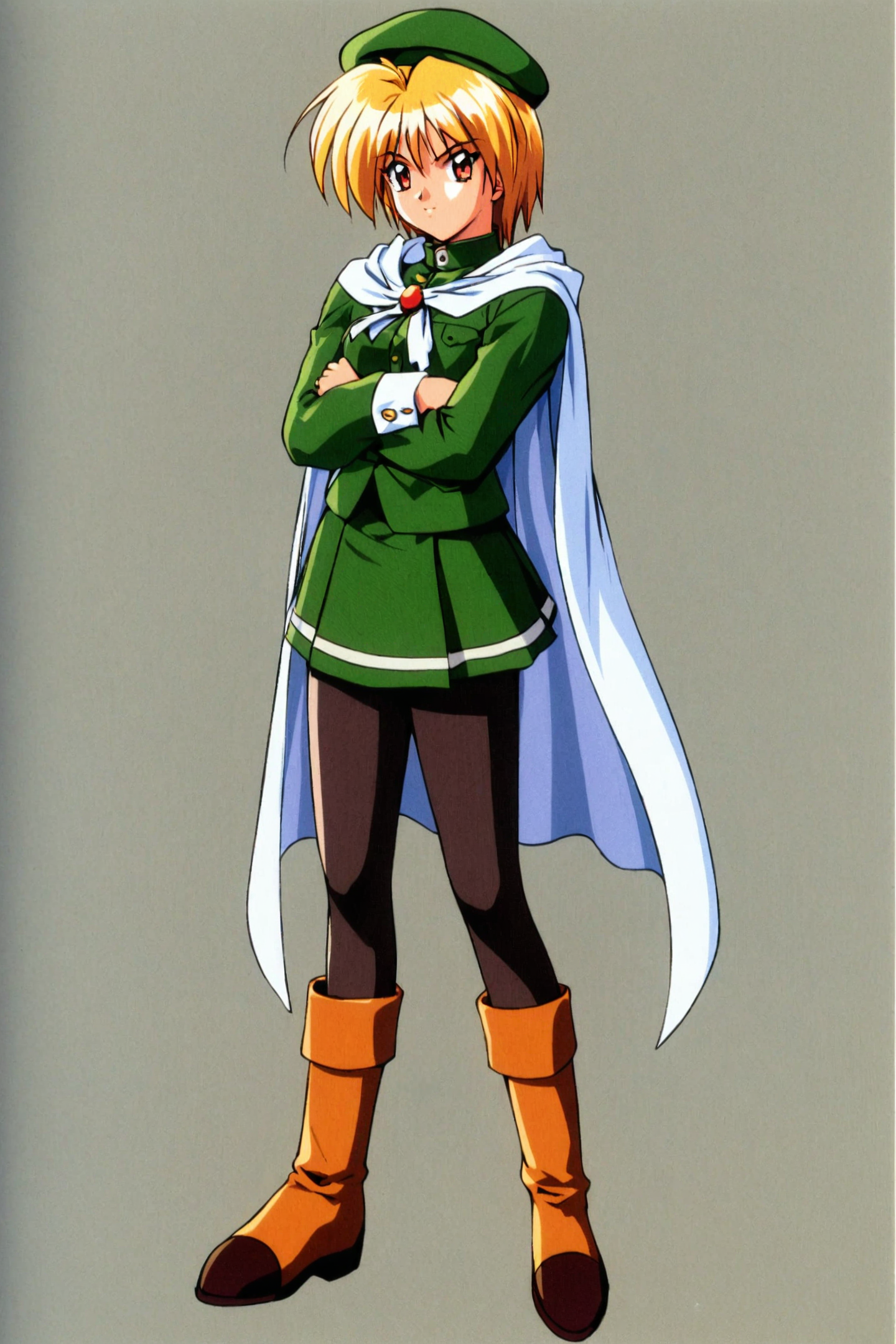 Ijuin Mei,solo,1girl,hat,pantyhose,blonde hair,cape,skirt,crossed arms,boots,short hair,standing,full body,long sleeves,retro artstyle,1990s \(style\),simple background,red eyes,pleated skirt,beret,
<lora:Tokimeki Memorial 2_XL:1>,