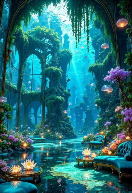 Enchanted Underwater Ballroom with Floating Flora
A vast, cathedral-sized ballroom submerged beneath the ocean, transformed into a magical underwater botanical garden. Towering, crystal-clear glass walls offer panoramic views of the deep sea, where bioluminescent fish and jellyfish drift gracefully, casting a soft glow across the space. The ceiling is a mesmerizing mirror of the water’s surface, refracting light into dancing turquoise and sapphire ripples.
The room is filled with lush aquatic plants—coral-like trees with luminescent blossoms, floating ferns suspended in glass orbs, and giant water lilies that glow softly in shades of pink and violet. The centerpiece is a colossal bioluminescent chandelier made of cascading seaweed-like tendrils and glowing pearls, illuminating the room in an ethereal shimmer.
A grand seating area features deep teal velvet lounges and seashell-shaped armchairs, resting upon a soft, iridescent rug that mimics the ocean floor. Delicate glass tables with golden coral-shaped legs hold pearlescent vases filled with exotic underwater flowers. The atmosphere is one of serene opulence, as if a lost civilization had built a palace in harmony with the ocean itself.