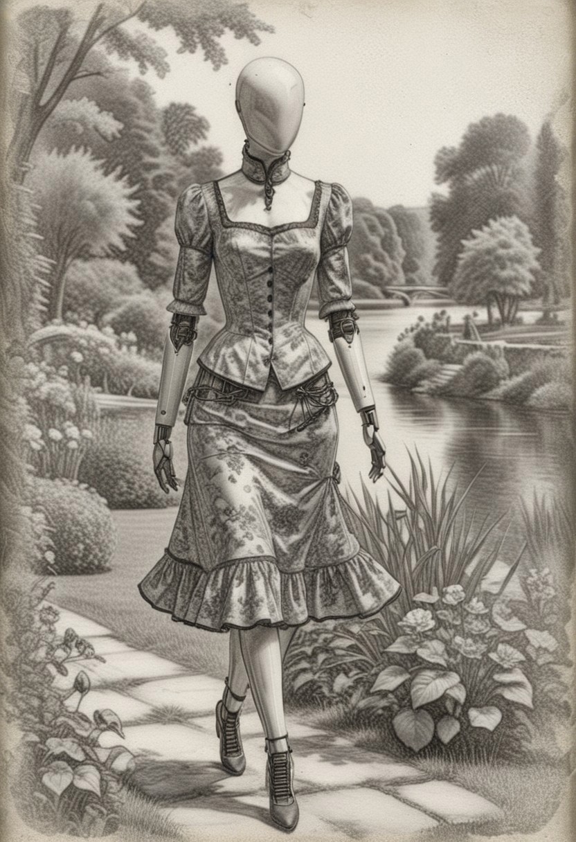 Pencil monochrome black and white drawing of a bald female faceless mannequin with robot joints wearing victorian dress, walking in a garden, next to the river, nature and florals <lora:VintageDrawing01-00_CE_SDXL_128OT:0.6>