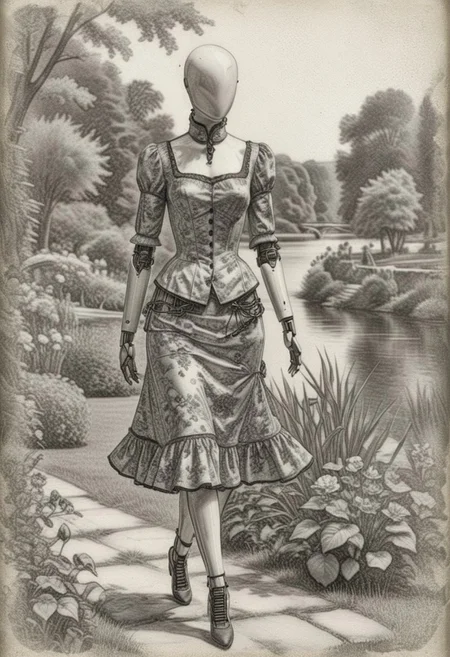 Pencil monochrome black and white drawing of a bald female faceless mannequin with robot joints wearing victorian dress, walking in a garden, next to the river, nature and florals <lora:VintageDrawing01-00_CE_SDXL_128OT:0.6>