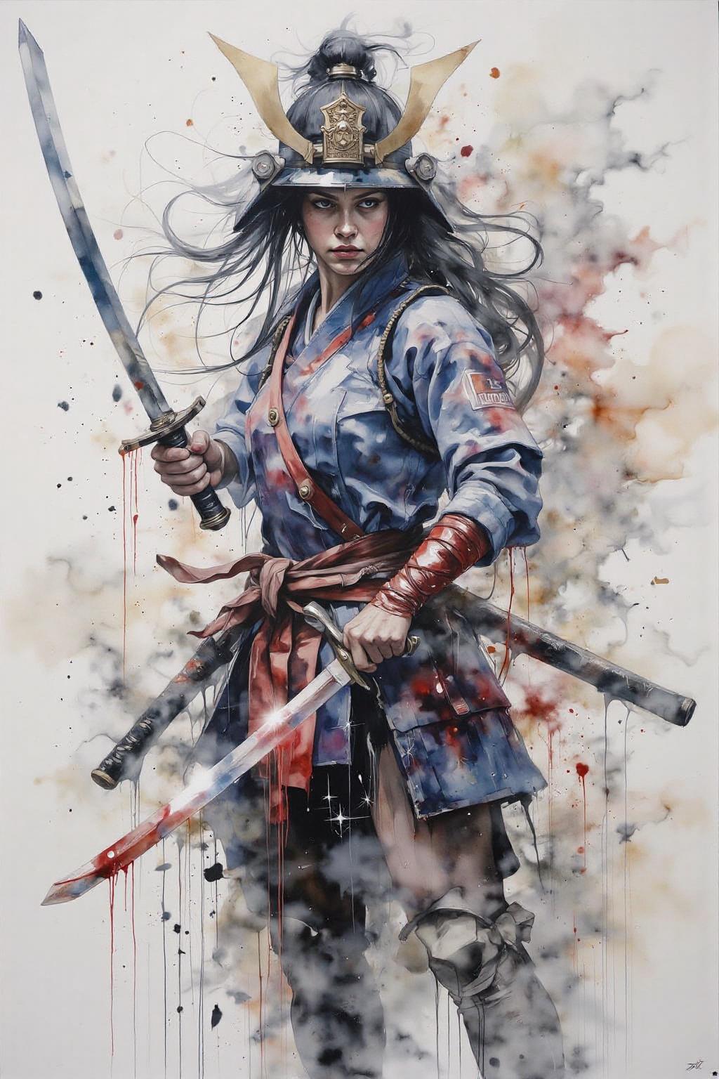 yawc1 watercolor.a dipiction of a female Japanese samurai warrior wielding a katana, blending form with reality. Glitching the surreal with blurred dreams on a white background. Woven light fuses delicatly with whispering shimmers creating a eyecatching and masterpiece artwork. drifting fog, cracked light and smokey haze in floating threads finishes the dreamlike reality.   <lora:yawcolor_flor2_d4a2:1.0> <lora:Flux-Sch-SingleBlocks-BF16:1.0><lora:799000450054506730:0>