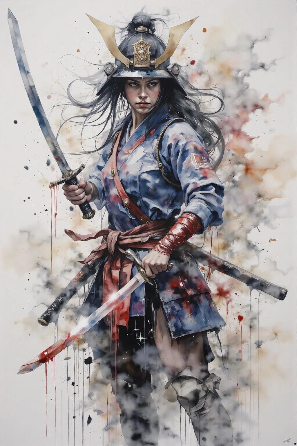 yawc1 watercolor.a dipiction of a female Japanese samurai warrior wielding a katana, blending form with reality. Glitching the surreal with blurred dreams on a white background. Woven light fuses delicatly with whispering shimmers creating a eyecatching and masterpiece artwork. drifting fog, cracked light and smokey haze in floating threads finishes the dreamlike reality. <lora:yawcolor_flor2_d4a2:1.0> <lora:Flux-Sch-SingleBlocks-BF16:1.0><lora:799000450054506730:0>