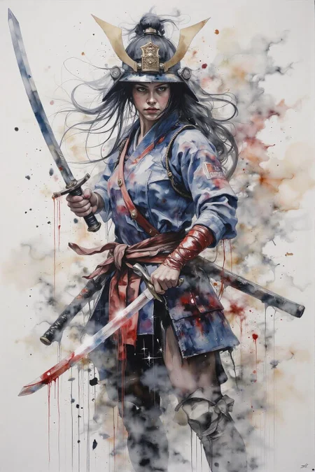 yawc1 watercolor.a dipiction of a female Japanese samurai warrior wielding a katana, blending form with reality. Glitching the surreal with blurred dreams on a white background. Woven light fuses delicatly with whispering shimmers creating a eyecatching and masterpiece artwork. drifting fog, cracked light and smokey haze in floating threads finishes the dreamlike reality. <lora:yawcolor_flor2_d4a2:1.0> <lora:Flux-Sch-SingleBlocks-BF16:1.0><lora:799000450054506730:0>