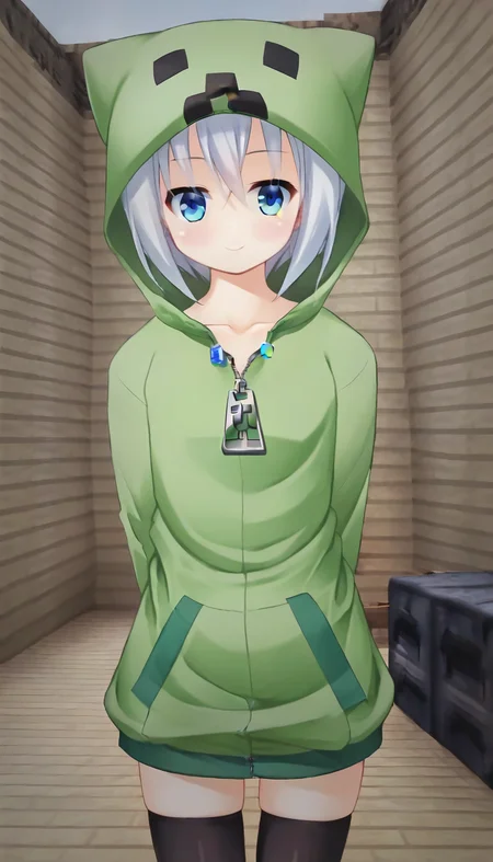 score_9,score_8_up,score_7_up,score_6_up BREAK official art,1girl,solo,outdoors,cowboy shot,looking at viewer,facing viewer,smile,blush,Creeper,animal hood,grey hair,short hair,hair between eyes,blue eyes,collarbone,green hoodie,hooded jacket,naked hoodie,zipper,long sleeves,flat chest,zettai ryouiki,black thighhighs,loafers,<lora:Creeper(Kanna Hisashi)-Pony:1.5>,