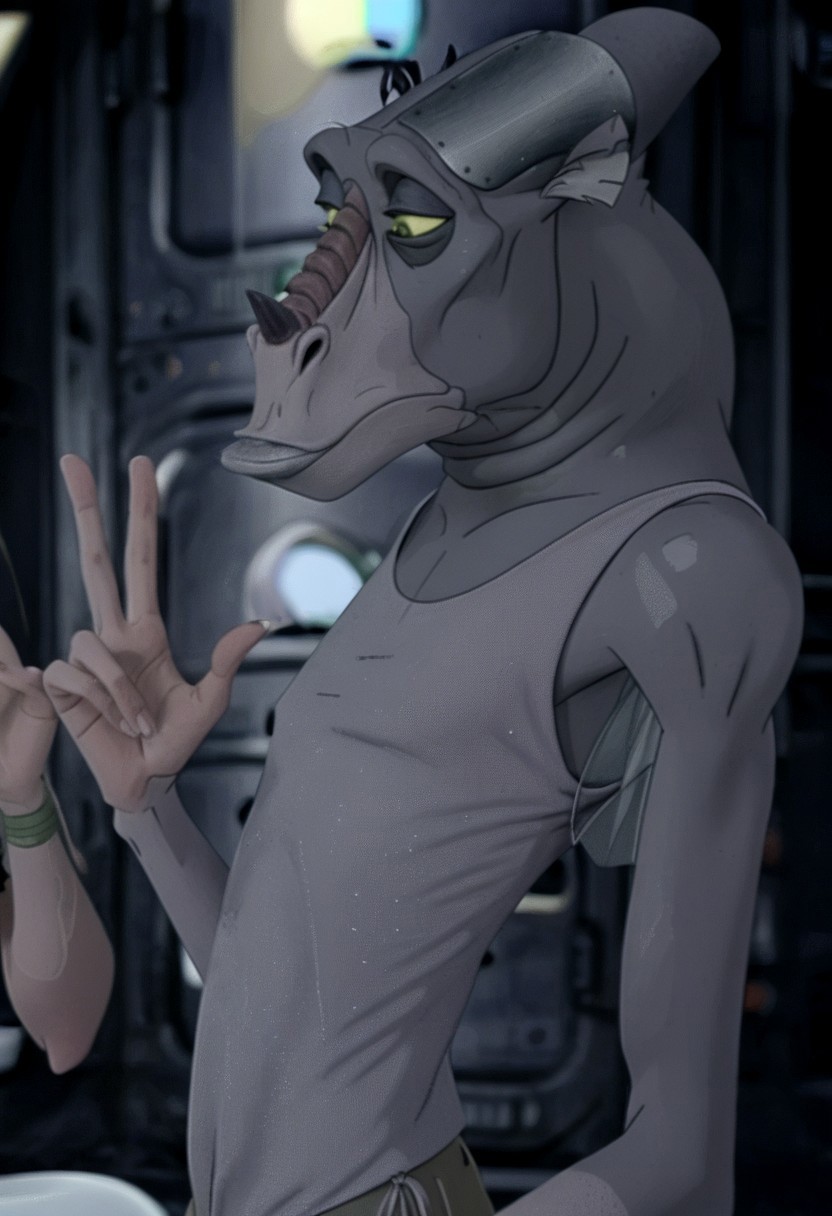 score_9, score_8_up, score_7_up, source:furry, anthro, furry, lips, furry, solo, Male,
BREAK
Pr33d_TAE, Preed, Akrennian, Titan AE, humanoid alien, humanoid creature, long snout, animal nostrils, black horn, nose horn nose-horn, animal ears, yellow sclera, green eyes, grey inner ears, missing left ear, mauve skin, beige snout, brown snout ridges, beige forearms, beige hands, pronounced cheekbones, angular face, pronounced bottom lip, light beige lip, big bottom lip, dark eye-circles, dark eyelids, armpit fins, thick neck, skinny, long fingers, dark grey claws, head plate,