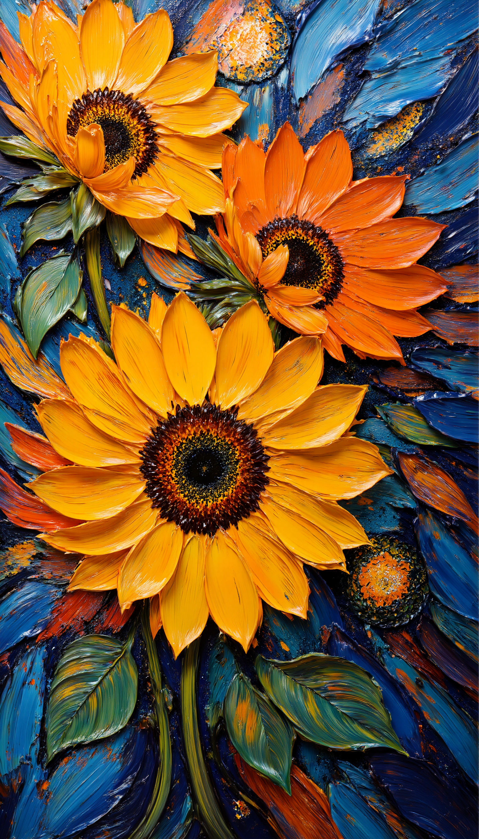 A modern reinterpretation of Vincent van Goghâs "Sunflowers," featuring energetic impasto brushstrokes and bold, contemporary colors. The sunflowers are painted with thick, textured layers of paint using a palette knife and hog hair brushes, creating dynamic, swirling petals. The composition is minimalistic, with a focus on the bold shapes and energetic brushwork, where vivid yellows, oranges, and contrasting deep blues define the flowers. The image balances the intensity of the impasto technique with a clean, refined background, creating a harmonious blend of chaotic energy and simplicity, impasto, brushwork, paint layers, a sleek, stippling, <lora:Midjourney_Whisper_BrushPulse_v01_epoch_20:1>,  <lora:midjourney_whisper_flux_lora_v01:1>,