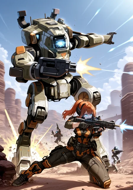 embedding:IllusP0s, pilot_\(titanfall\), titan_\(titanfall\), mecha, assault rifle, shooting pose, firing,<lora:titanfall.safetensors:1.0:1.0>