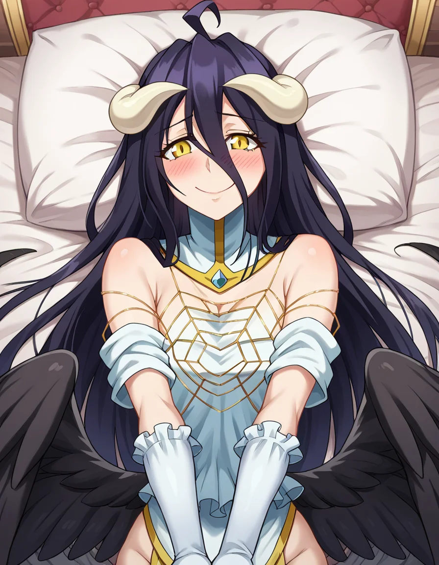 score_9, score_8_up, score_7_up, source_anime,
overlordalbedo, <lora:overlord-albedo-ponyxl-lora-nochekaiser:1>,
albedo, ahoge, black hair, horns, long hair, yellow eyes, blush, embarrassed, smile,
bare hips, bare shoulders, black wings, detached collar, elbow gloves, feathered wings, gloves, gold trim, high collar, hip vent, jewelry, low wings, white gloves, wings,
indoors, bed, bed room, lying, lying on back, pillow, arm support, arms up, incoming hug, pov, reaching, reaching towards viewer,
looking at viewer, cowboy shot,