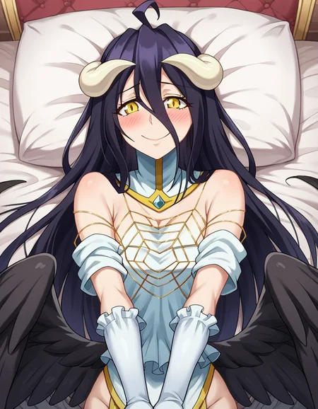 score_9, score_8_up, score_7_up, source_anime,
overlordalbedo, <lora:overlord-albedo-ponyxl-lora-nochekaiser:1>,
albedo, ahoge, black hair, horns, long hair, yellow eyes, blush, embarrassed, smile,
bare hips, bare shoulders, black wings, detached collar, elbow gloves, feathered wings, gloves, gold trim, high collar, hip vent, jewelry, low wings, white gloves, wings,
indoors, bed, bed room, lying, lying on back, pillow, arm support, arms up, incoming hug, pov, reaching, reaching towards viewer,
looking at viewer, cowboy shot,