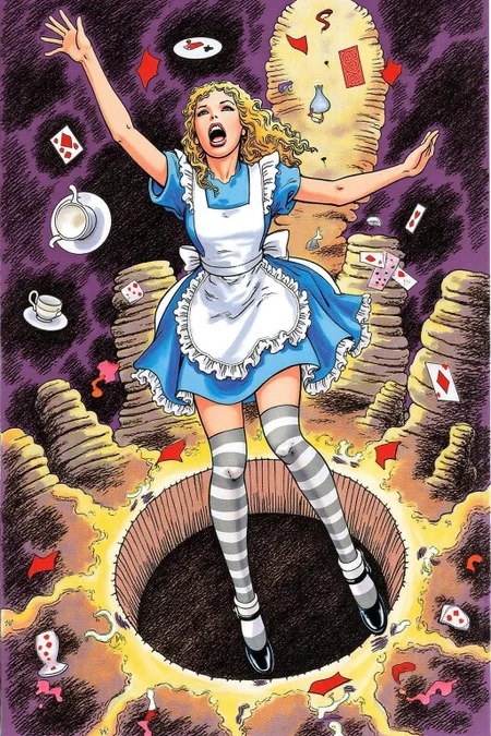 itacomic1 illustration. Overhead view of Alice in Wonderland falling into the rabbit hole, with her legs dangling beneath her. She is looking upward, her face filled with shock and terror as she screams. Her blue dress and white apron billow out around her as she tumbles, while her striped stockings and black shoes are visible below. The rabbit hole is a swirling, chaotic mix of vibrant colors, playing cards, teacups, and other Wonderland objects floating around her. Soft glowing light emanates from the tunnel walls, adding an eerie, fantastical feel to the scene. The sense of motion and fear is palpable as Alice falls deeper into the unknown. <lora:itacomic_mima4_nocap_d4a2:1.0><lora:801712434139110323:0>