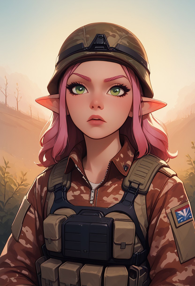 score_9, score_8_up, score_8, close up, 1girl , solo sexy elf woman, green eyes, long pink hair, thick eyeliner, perfect face, small breasts, holding assault rifle,<lora:military-combat-uniform-ponyxl-lora-nochekaiser:1> military combat uniform, camouflage jacket, camouflage, load bearing best, camouflage pants, soldier, bulletproof vest, combat helmet, serious expression, volumetric lighting, cinematic lighting, outdoors
