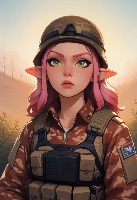 score_9, score_8_up, score_8, close up, 1girl , solo sexy elf woman, green eyes, long pink hair, thick eyeliner, perfect face, small breasts, holding assault rifle,<lora:military-combat-uniform-ponyxl-lora-nochekaiser:1> military combat uniform, camouflage jacket, camouflage, load bearing best, camouflage pants, soldier, bulletproof vest, combat helmet, serious expression, volumetric lighting, cinematic lighting, outdoors