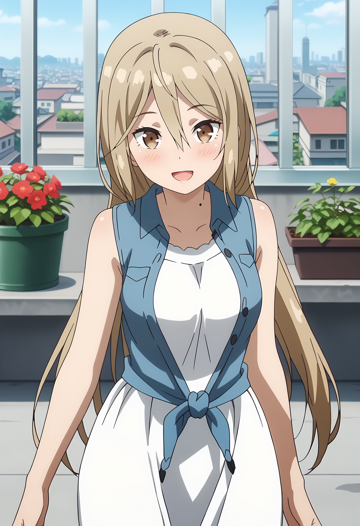 anime screencap,
<lora:OneRoom_KotokawaAkiraXL:0.9>,
1girl, solo, open mouth, smile, blush,
long hair, light brown hair, hair between eyes, brown eyes, mole on neck,
AkiraCasual, front-tie top, wing collar, blue vest, open vest, sleeveless, white dress, white skirt,
thigh gap, cowboy shot, standing, looking at viewer,
day, rooftop, plants, cityscape, outdoors,