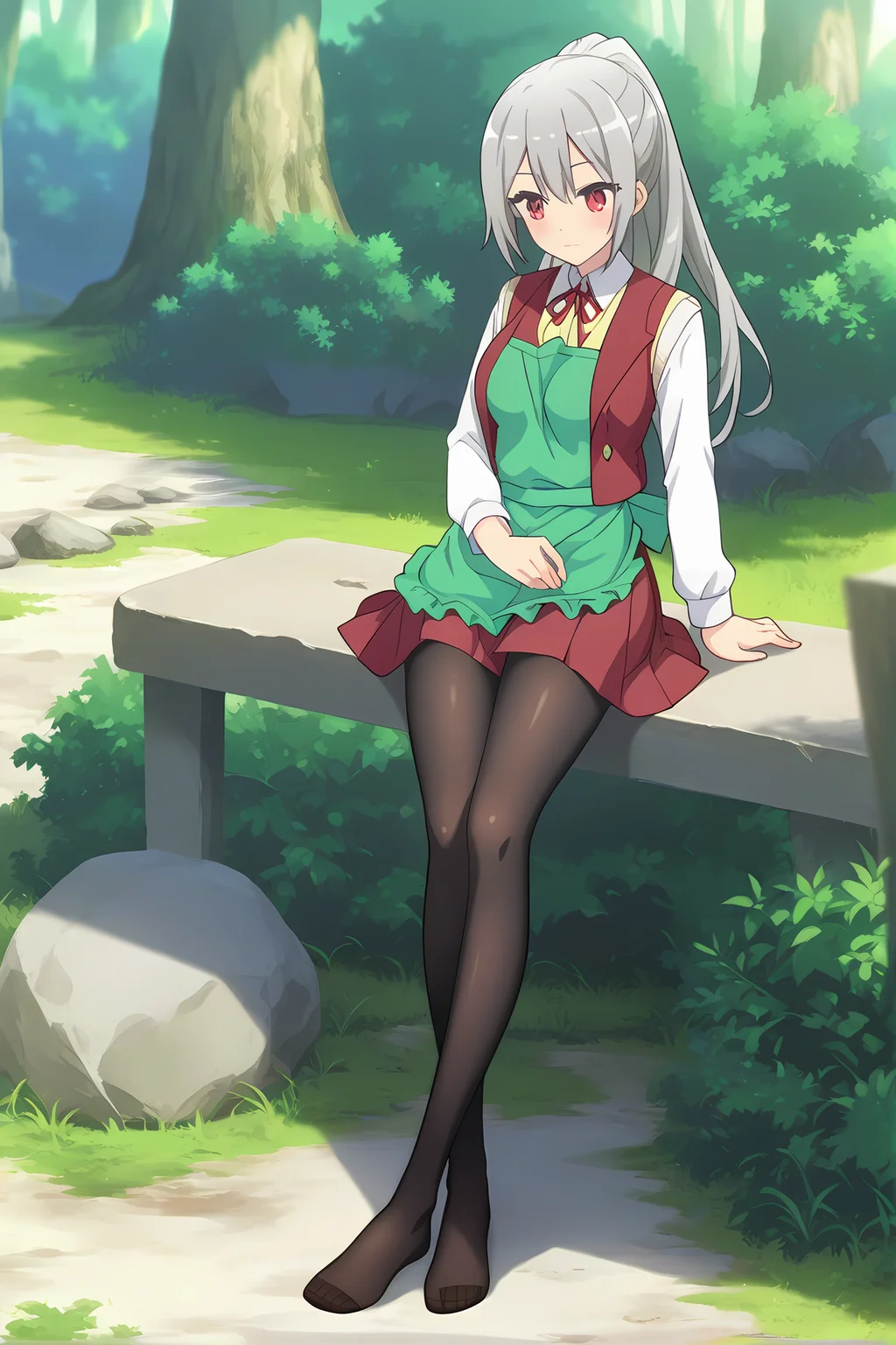 (green apron school uniform red vest white short long sleeves red skirt black pantyhose:1.40), ig-maidena, grey hair, red eyes, 1girl, solo, skinny, score_9, score_8_up, score_8, score_7_up, score_7, score_6_up, score_6, score_5_up, score_5, source_anime, (blush:1.10), 0.2:outdoors forest, (full body:1.20), (:1.20), feet, <lora:ig-maidena-V01-000004:0.90> medium breasts, ponytail