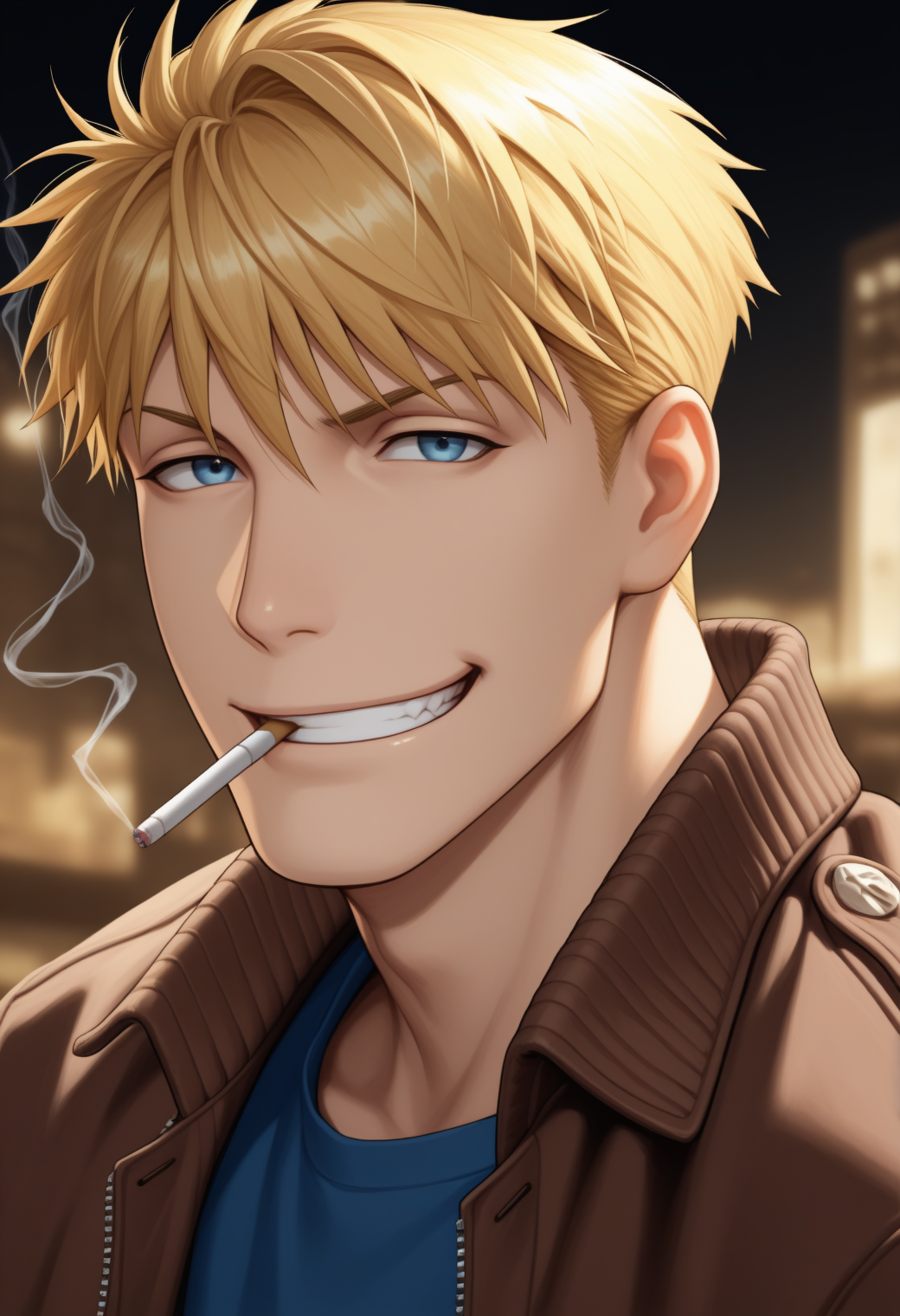 masterpiece,best quality,
1boy,
<lora:jean_havoc_NAI_EPS_1_0_CAME_v1_rev2:1> j34nhvc, blonde hair, blue eyes, short hair,
looking at viewer,
brown jacket, open jacket, blue shirt, grin, cigarette, mouth hold,
upper body,
depth of fieldâââ