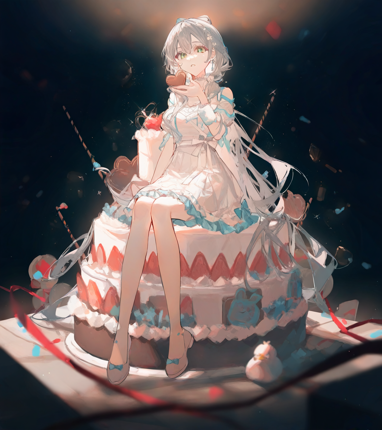 masterpiece,best quality,newest,absurdres,highres,safe,1girl,amazing quality,very aesthetic,artist:ciloranko,artist:akakura,artist:fre_(haochilanzuo),artist:onineko,anime,chocolate room,sitting on big cake,upper body,