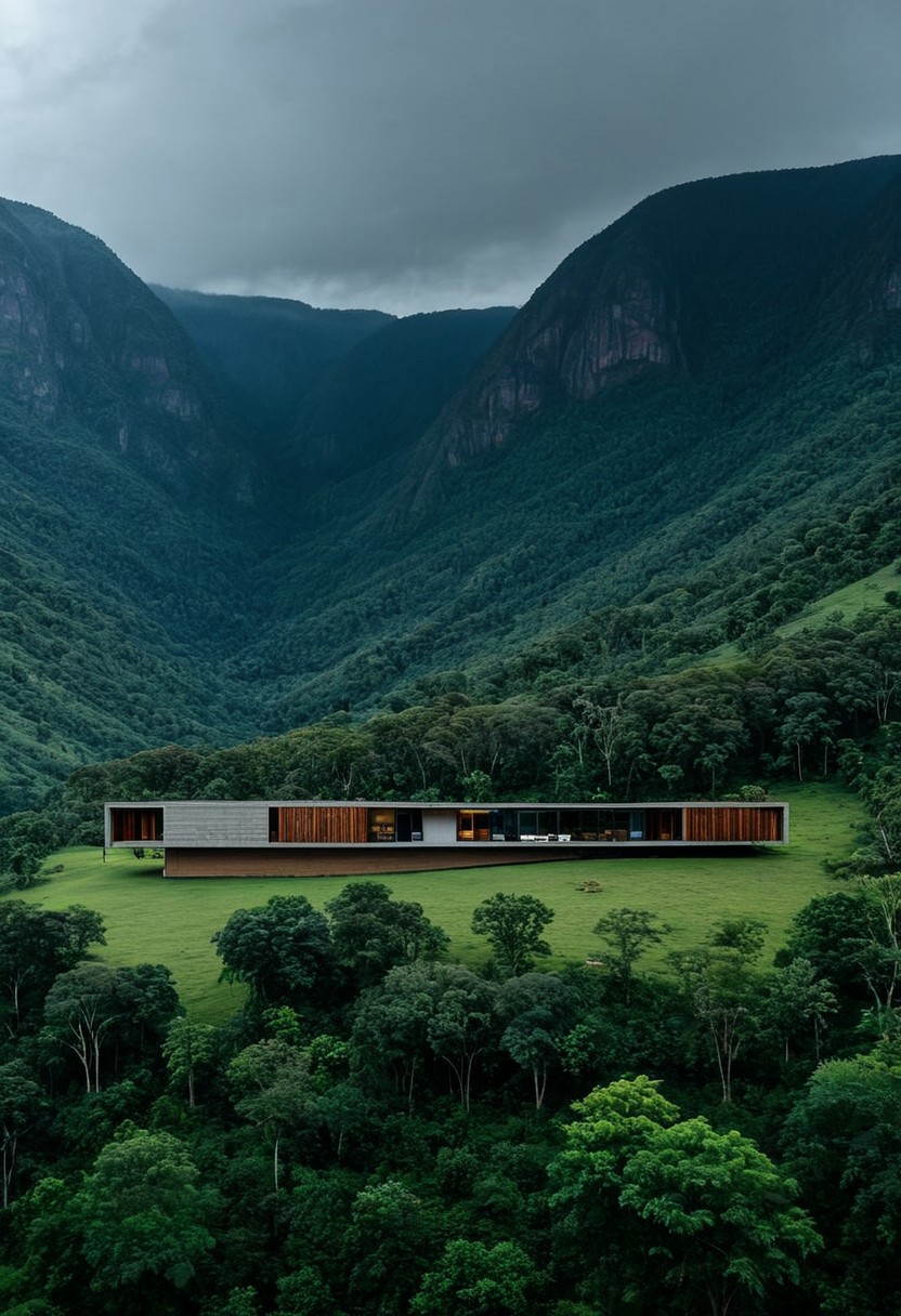 Aerial view of a 10×10×30-foot rectangular cabin in a green valley, with surrounding mountains, trees, and a rain-darkened sky with heavy clouds.