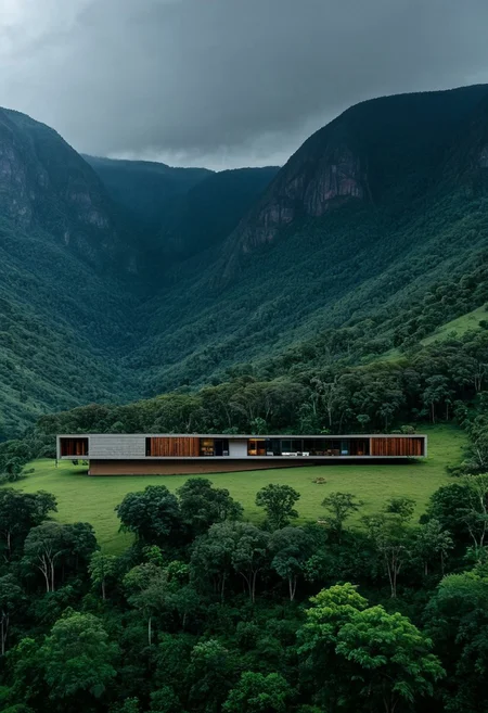Aerial view of a 10×10×30-foot rectangular cabin in a green valley, with surrounding mountains, trees, and a rain-darkened sky with heavy clouds.