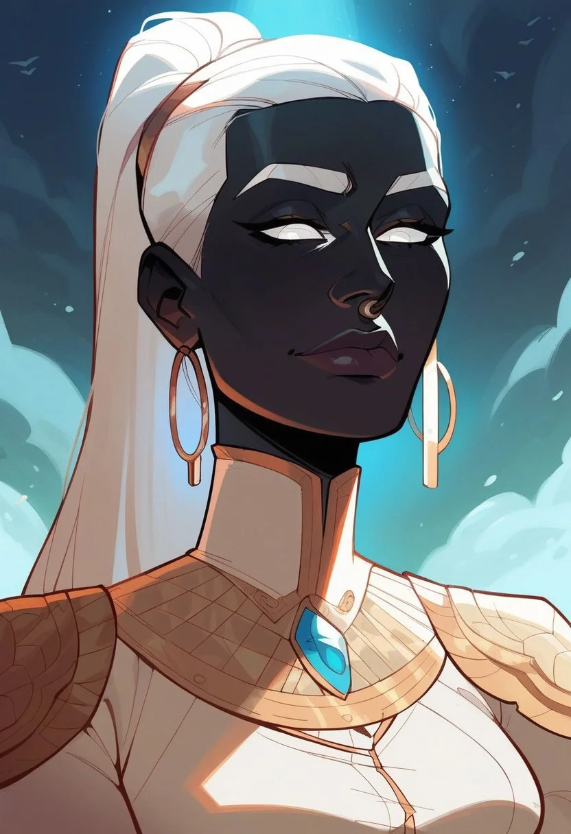 score_9, score_8_up, score_8, score_7_up, score_7, score_6_up, score_6, score_5_up, Score_5,human female, obsidian black skin, onyx black skin, round eyes, white eyes, small eyes, beautiful face, aesthetic face, narrow face, narrow nose, long nose, round ears, white eyebrows, long white hair, high ponytail, very tall, curvy, elegant, royal, aristocratic, majestic, chin up, seductive smile, slender. Silver jewelries. White jewelries. Blue jewelries. Lots of jewelries. White bracers, tight white dress,, vox machine style, 1girl, female focus, solo, portrait, background of snow-covered landscape, fantasy, (dynamic lighting:1.1)
((masterpiece))