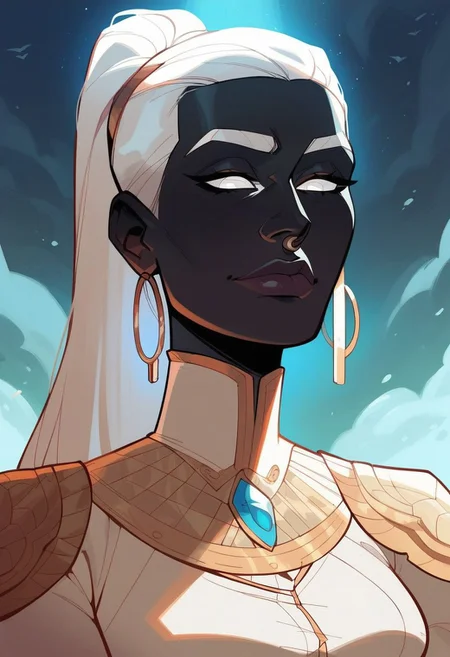 score_9, score_8_up, score_8, score_7_up, score_7, score_6_up, score_6, score_5_up, Score_5,human female, obsidian black skin, onyx black skin, round eyes, white eyes, small eyes, beautiful face, aesthetic face, narrow face, narrow nose, long nose, round ears, white eyebrows, long white hair, high ponytail, very tall, curvy, elegant, royal, aristocratic, majestic, chin up, seductive smile, slender. Silver jewelries. White jewelries. Blue jewelries. Lots of jewelries. White bracers, tight white dress,, vox machine style, 1girl, female focus, solo, portrait, background of snow-covered landscape, fantasy, (dynamic lighting:1.1)
((masterpiece))