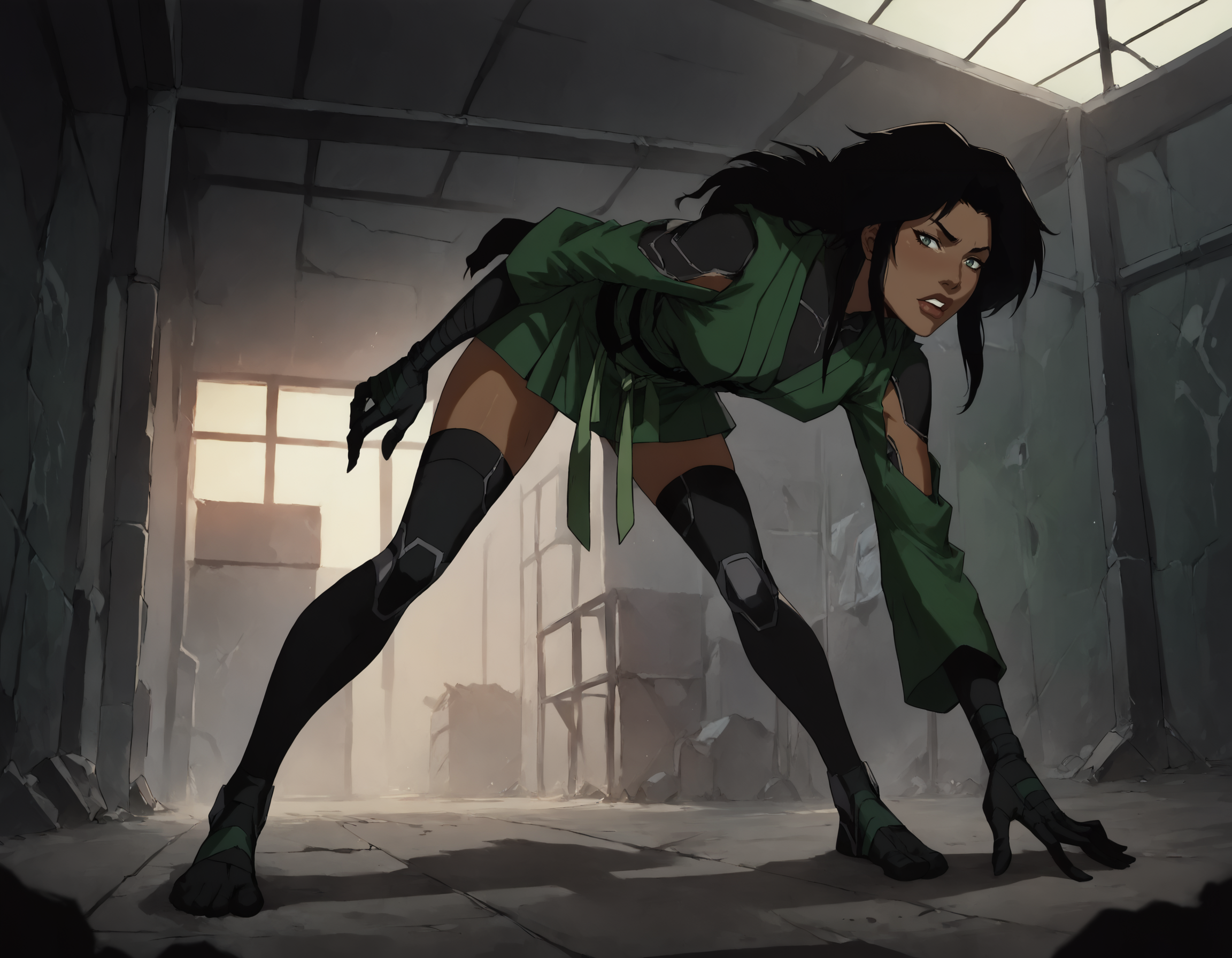 score_9, score_8_up, score_7_up, face focus, extreme closeup, detailed face, 1girl, woman, a mature female, (tall slim athletic female:1.3), skinny, dark-skinned female, black hair, (Bending over with hands touching toes), 
gloves, thighhighs, japanese clothes, black gloves, black thighhighs, green kimono, bodysuit, belt,
(abandoned warehouse, industrial),
ch3shire,
 <lora:ch3shire:1>,
 <lora:Blacklight_XL:0.5> blacklight,
 <lora:- SDXL - vanta-black_contrast_V3.0:0.5>,
 <lora:Concept Art DarkSide Style LoRA_Pony XL v6:0.5>, low light,