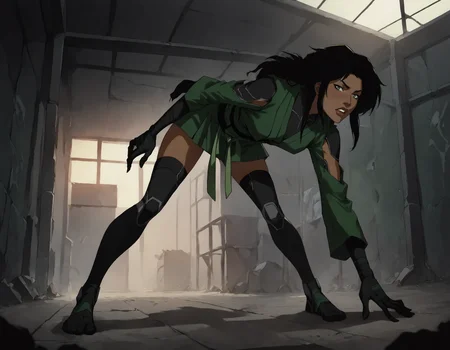 score_9, score_8_up, score_7_up, face focus, extreme closeup, detailed face, 1girl, woman, a mature female, (tall slim athletic female:1.3), skinny, dark-skinned female, black hair, (Bending over with hands touching toes),
gloves, thighhighs, japanese clothes, black gloves, black thighhighs, green kimono, bodysuit, belt,
(abandoned warehouse, industrial),
ch3shire,
<lora:ch3shire:1>,
<lora:Blacklight_XL:0.5> blacklight,
<lora:- SDXL - vanta-black_contrast_V3.0:0.5>,
<lora:Concept Art DarkSide Style LoRA_Pony XL v6:0.5>, low light,