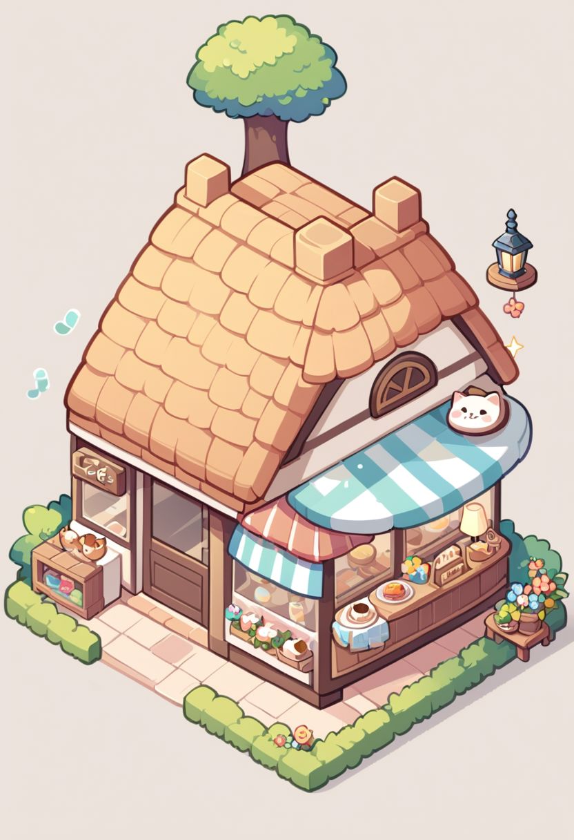 pimpochka backgrounds,
topdown, isometric,
no shadows, cartoon look,
no humans, cafe with an open terrace, hedges, flowers, one tree with lanterns, tables and stools, food on the tables, sweet home, comfort, cute style, joyful atmosphere, exterior design, cute house, roof with cat ears, colorful design, lights, shops, flowers