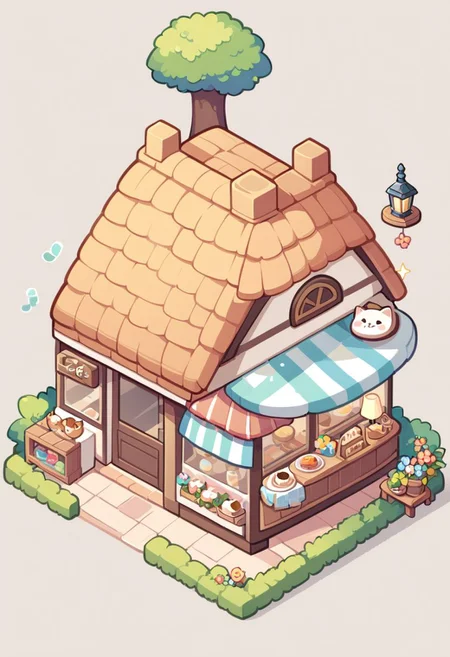 pimpochka backgrounds,
topdown, isometric,
no shadows, cartoon look,
no humans, cafe with an open terrace, hedges, flowers, one tree with lanterns, tables and stools, food on the tables, sweet home, comfort, cute style, joyful atmosphere, exterior design, cute house, roof with cat ears, colorful design, lights, shops, flowers