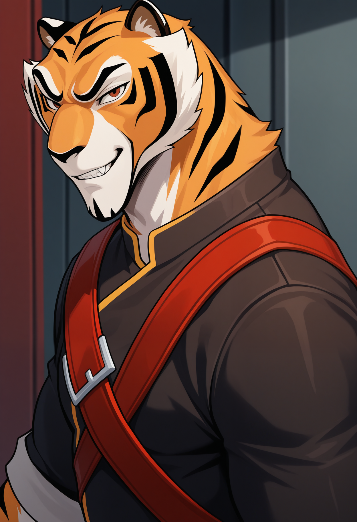 masterpiece,best quality,amazing quality, 1boy, solo, 3l j3f3, tiger boy, orange fur, brown eyes, black suit, red chest harnesses, red belt chest harness, close up, side angle, smirk, harming viewer,