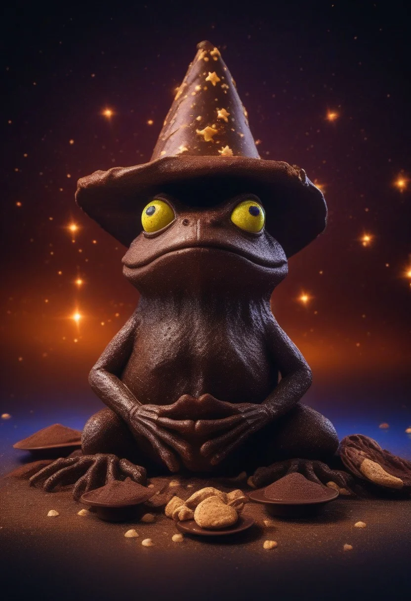 (chocolate frog with a wizard hat made of chocolate with googly eyes), eating chocolate goo, sharp teeth, surrounded by chocolate chips
Close up, space stars background.
(skeleton glowing)
zavy-flrscnc, fluorescent, fluorescent spraypaint,