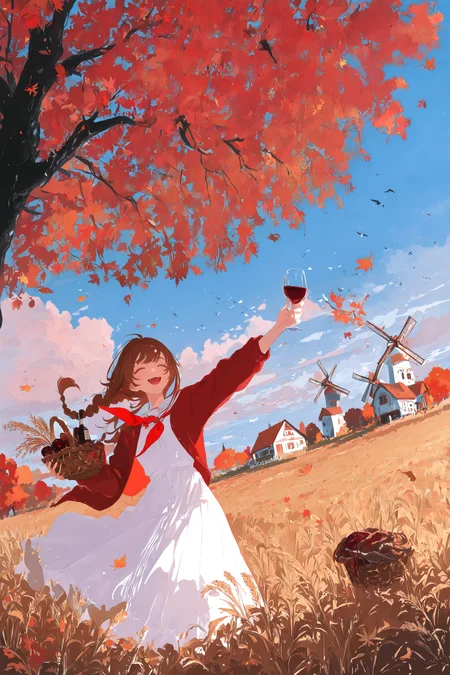 masterpiece, best quality, good quality, very awa, newest, highres, absurdres,
1girl, solo, long hair, smile, open mouth, brown hair, dress, holding, closed eyes, braid, outdoors, teeth, sky, day, cloud, white dress, blue sky, cup, tree, neckerchief, upper teeth only, bird, leaf, cardigan, grass, cloudy sky, holding cup, red jacket, red neckerchief, drinking glass, alcohol, basket, wine glass, autumn leaves, field, house, wine, autumn, falling leaves, wheat, windmill, limited palette, h4ra_illu <lora:illustriousXL_stabilizer_v1.23:0.3> <lora:NOOB_vp1_detailer_by_volnovik_v1:0.3> <lora:ponyv6_noobE11_2_adamW-000017:0.3> <lora:114558v4df2fsdf5:0.7> <lora:XXX667:0.4> <lora:mon_monmon2133:0.7> <lora:hara_id_21:0.6>