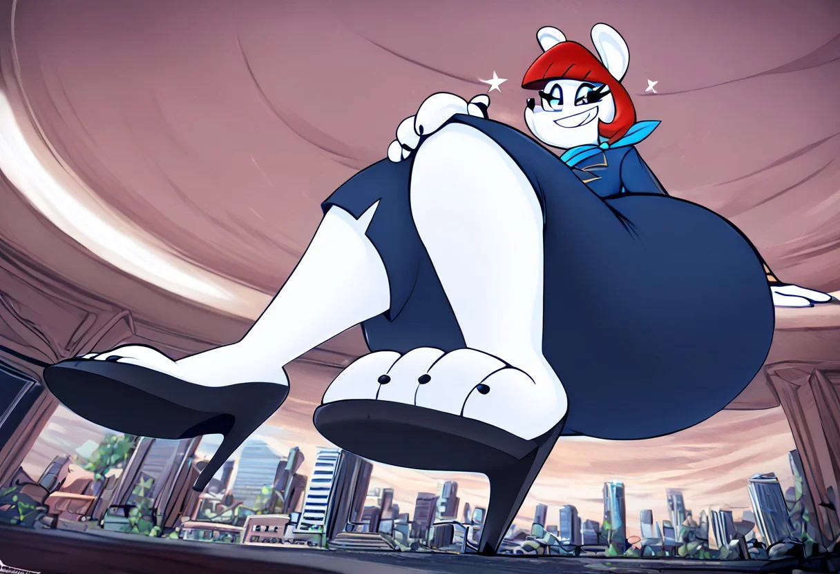 score_9, 1girl, solo, ericaMM, red hair, furry female, white fur, snout, neckerchief, blue uniform, pencil skirt, high heels, smile, (high quality, high res, 4k, best anatomy:1.8), imminent stomp by giantess erica ,hyper hips, from below, city underneath, high heel, detailed face, indoors background.