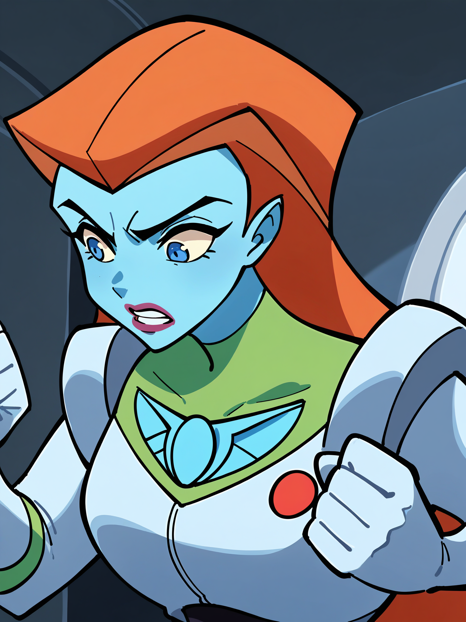 score_9, score_8_up, score_7_up, score_6_up, score_5_up, source_anime, smooth_anime,
Mira_Nova, 1girl, colored_skin, solo, blue_skin, orange_hair, blue_eyes, long_hair, clenched_hand, upper_body, bodysuit, large_breasts, gloves, indoors, makeup, teeth, lips, wide-eyed, lipstick, parted_lips, cockpit, looking_down
<lora:Mira_Nova:1>
