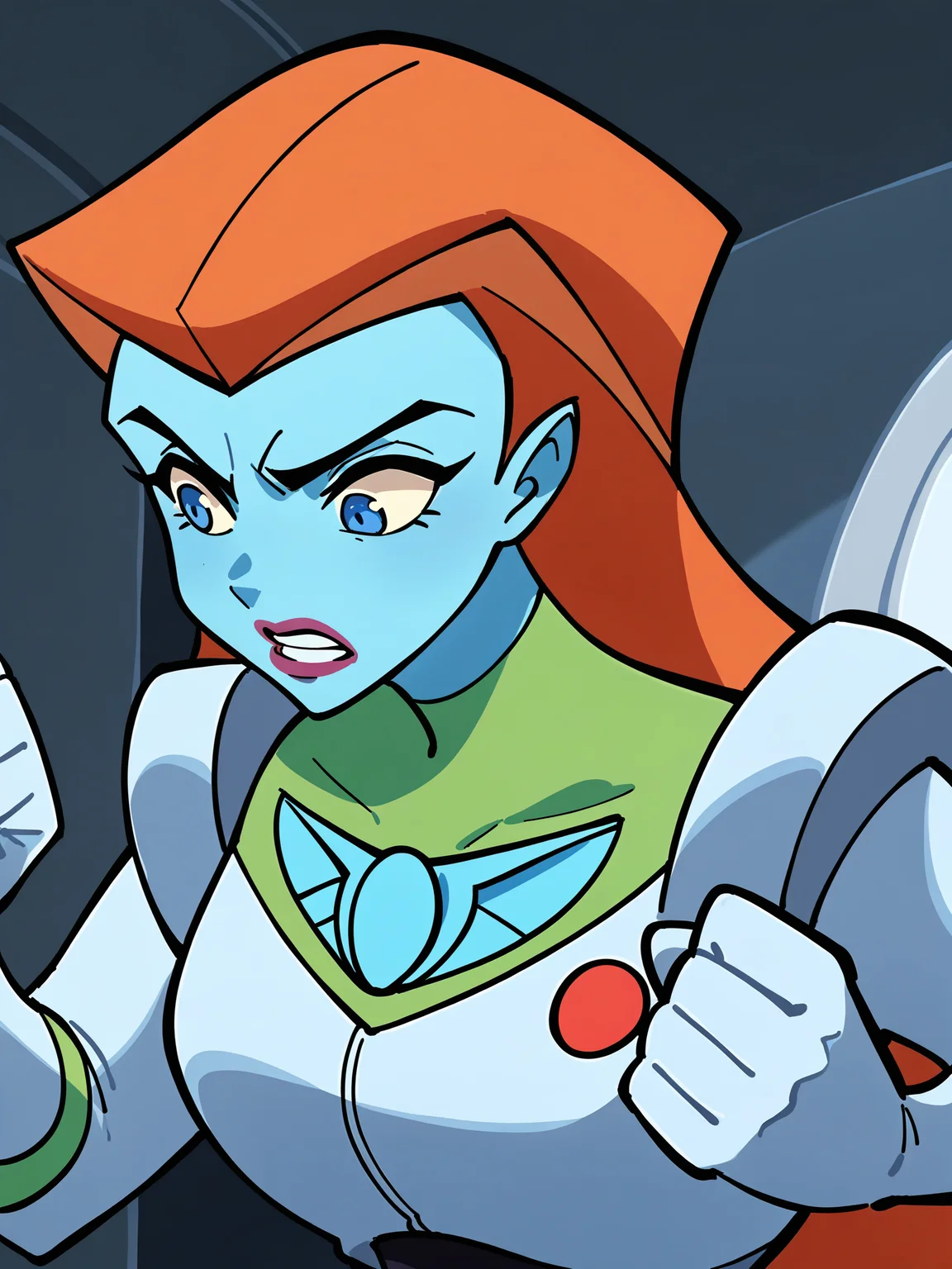 score_9, score_8_up, score_7_up, score_6_up, score_5_up, source_anime, smooth_anime,
Mira_Nova, 1girl, colored_skin, solo, blue_skin, orange_hair, blue_eyes, long_hair, clenched_hand, upper_body, bodysuit, large_breasts, gloves, indoors, makeup, teeth, lips, wide-eyed, lipstick, parted_lips, cockpit, looking_down
<lora:Mira_Nova:1>
