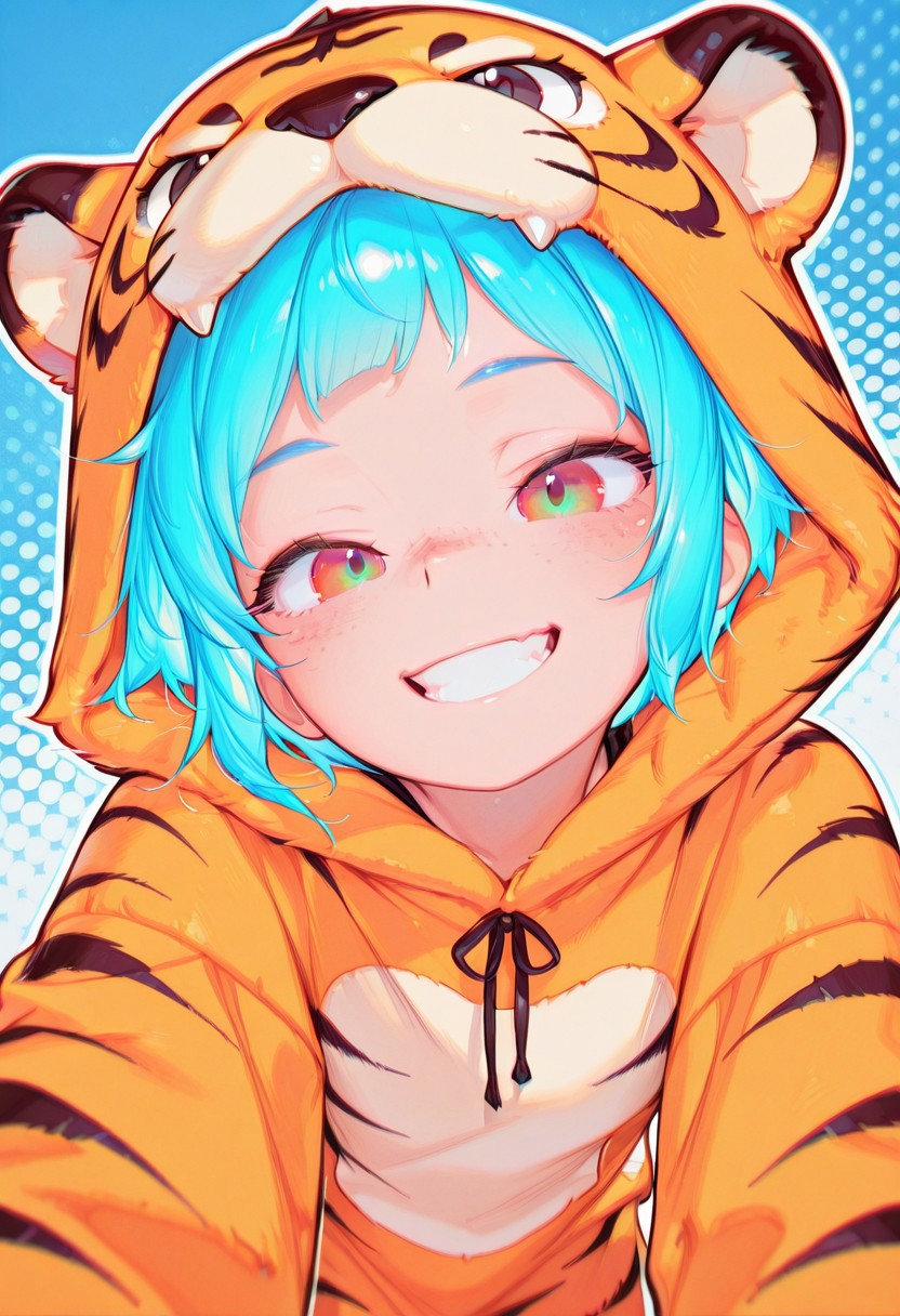 pop_bae_style, best quality, 1girl, tiger costume, tiger hood, grin, red eyes, looking at viewer, freckles, multicolored eyes, short hair, blue hair, outline, halftone background