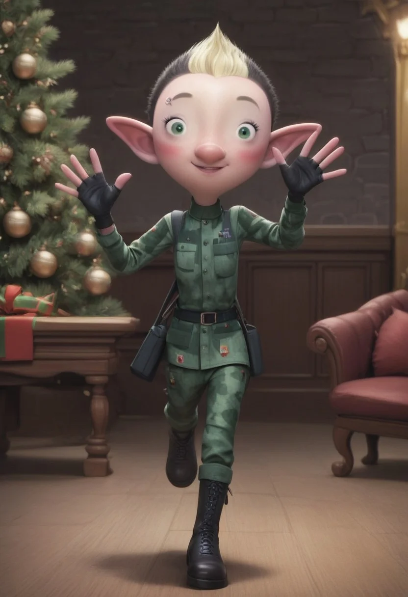 Bryony Shelfley, 1girl, elf, female elf, petite, black short hair, blond mohawk, pointy ears, elf ears, fingerless gloves, miliary uniform, black boots, piercing on right eyebrow, green eyes, small eyes, big nose, blush, score_8_up, score_7_up, BREAK, 1girl, solo, looking at viewer, cute, smiling, smug, walking, waving at viewer, female focus, looking at viewer, christmas tree on background, detailed background, 4k, masterpiece, best quality, highly detailed, realistic, full shot
